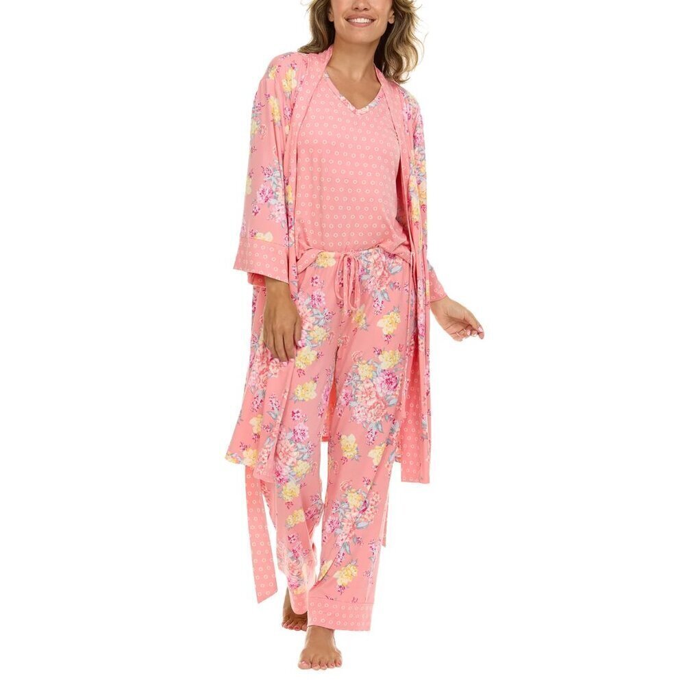 Flora Nikrooz Womens 3 Piece PJ Set Pink Floral Microfiber Wide Leg